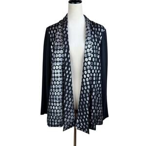 Alembika Sz 2 Black Knit Silver Metallic Oval Polka Dot Shawl Open Cardigan